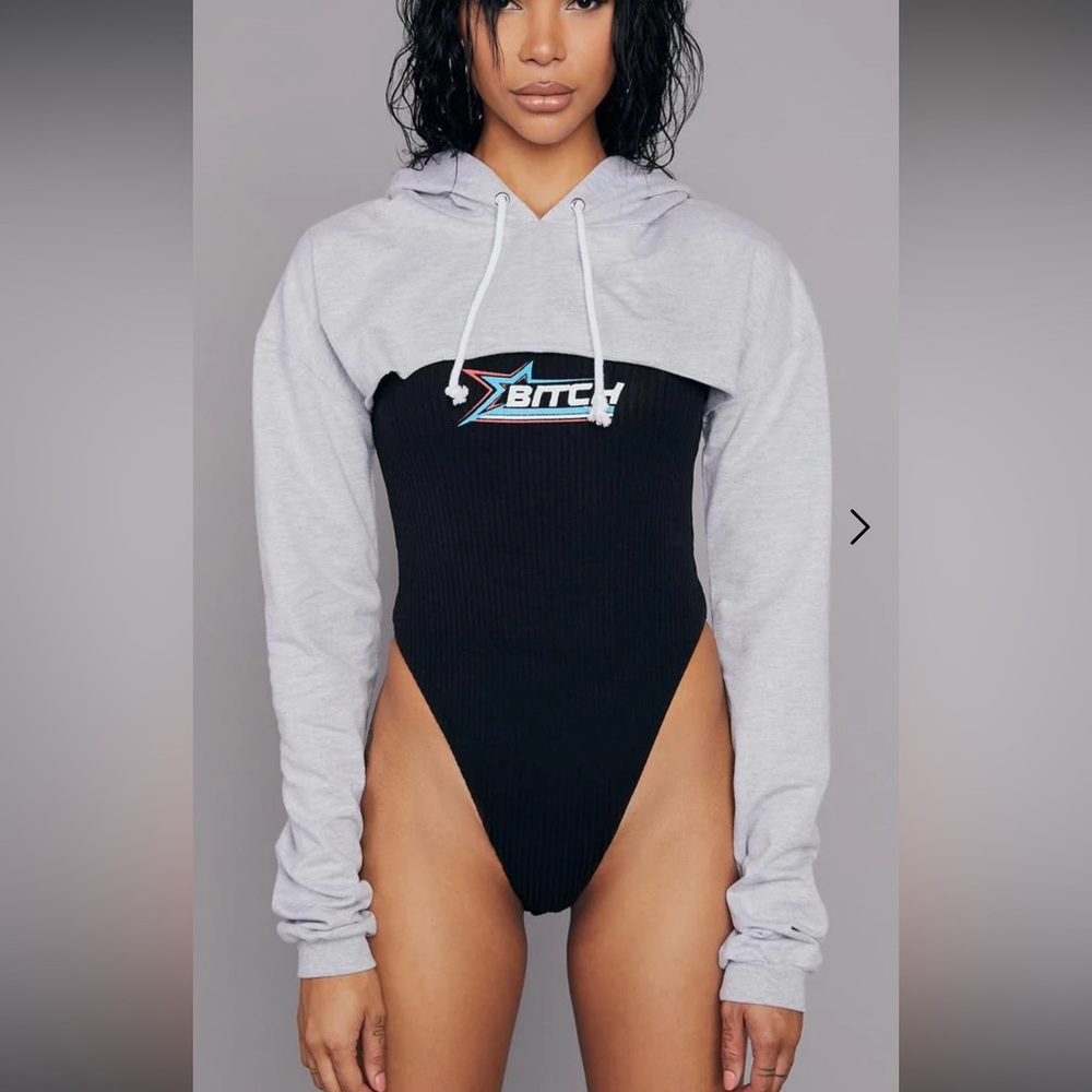 Festival Ready Black Ribbed Graphic Bodysuit Size Medium
